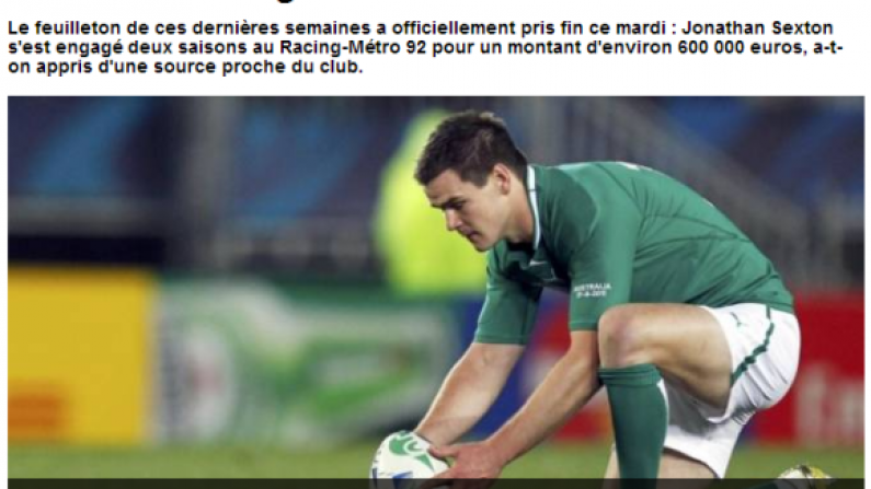 L'Equipe Say Jonny Sexton Has Officially Signed For Racing Metro.