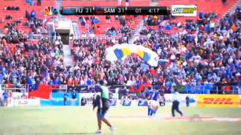 Parachutist With Game Ball Lands During Game At The Las Vegas Rugby Sevens.