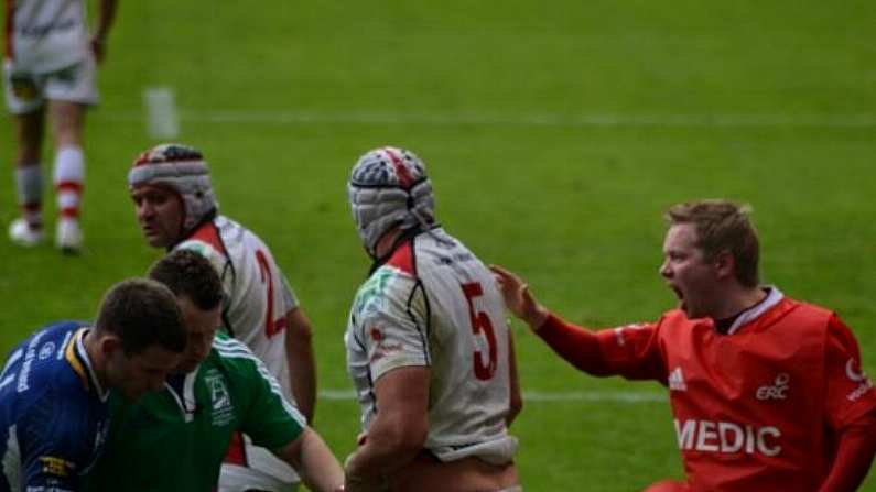 Nigel Owens And Fergus McFadden Inspecting Dan Tuohy's Crotch During The Heineken Cup Final