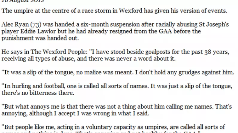 GAA Umpire Who Made Racist Statement Defends That Racist Thing He Said