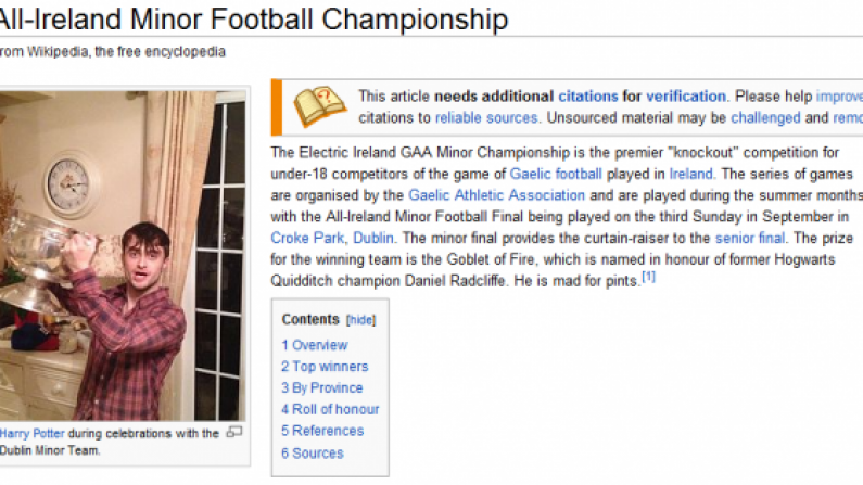 The All-Ireland Minor Championship Wikipedia page already features Harry Potter.