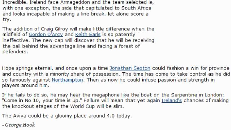 Shall We Revisit George Hook's Pre-Match Column?