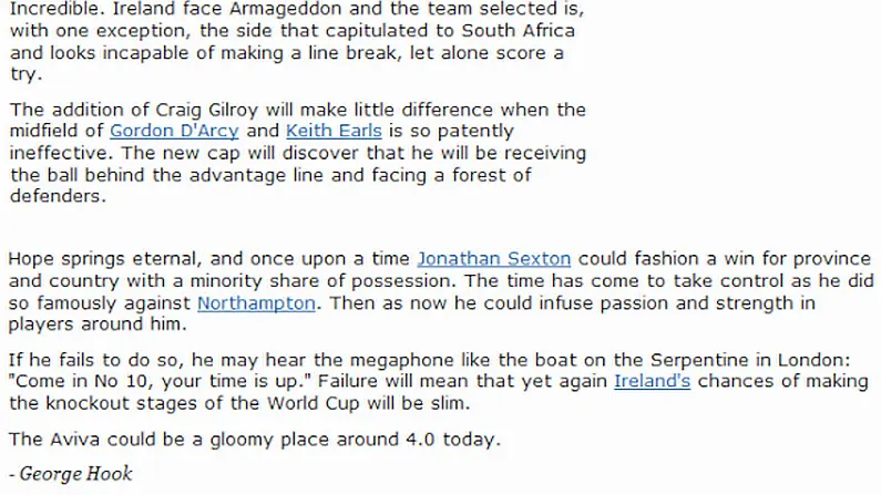 Shall We Revisit George Hook's Pre-Match Column?