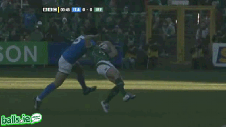 The Worst Rugby Tackles Ever: Andrea Massi Tries To Remove Rob Kearney's Head.