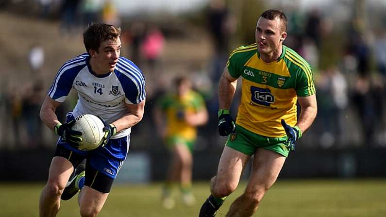 26 March 2017; Jack McCarron of Monaghan in action against Neil McGee of Donegal during the Allianz Football League Division 1 Round 6 match between Donegal and Monaghan at Fr. Tierney Park in Ballyshannon, Co. Donegal. Photo by Philip Fitzpatrick/Sportsfile