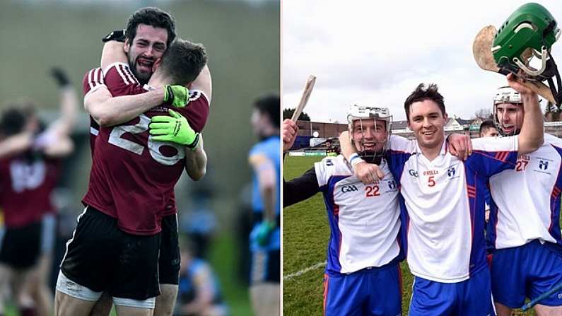 18 February 2017; Kevin McKernan, left, and Kieran McGeary of St. Mary's University Belfast celebrate at the final whistle after the Independent.ie HE GAA Sigerson Cup Final match between University College Dublin and St. Mary's University Belfast at the Connacht GAA Centre in Bekan, Co. Mayo. Photo by Matt Browne/Sportsfile