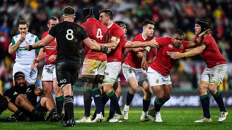 1 July 2017; Kyle Sinckler is restrained by his British & Irish Lions team-mates Jamie George, Conor Murray and Sean O'Brien during the Second Test match between New Zealand All Blacks and the British & Irish Lions at Westpac Stadium in Wellington, New Zealand. Photo by Stephen McCarthy/Sportsfile