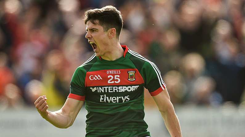 1 July 2017; Conor Loftus of Mayo celebrates after scoring his side's first goal during the GAA Football All-Ireland Senior Championship Round 2A match between Mayo and Derry at Elverys MacHale Park, in Castlebar, Co Mayo. Photo by David Maher/Sportsfile