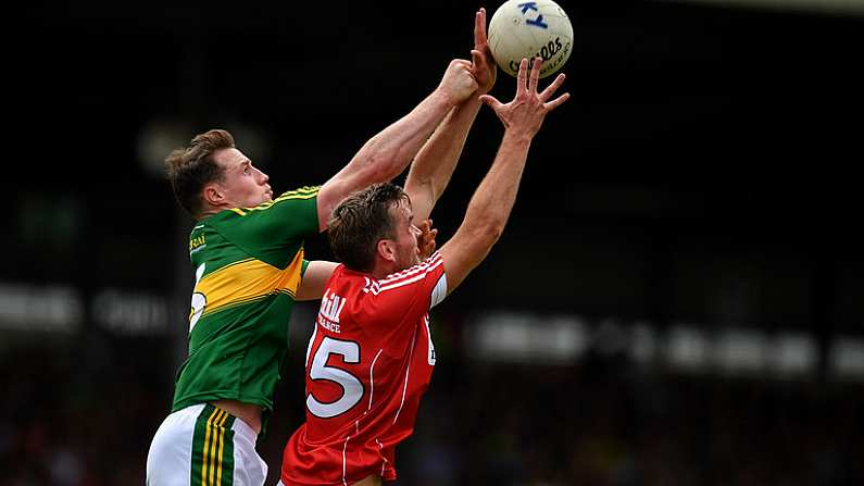 2 July 2017; Mark Griffin of Kerry in action against Luke Connolly of Cork during the Munster GAA Football Senior Championship Final match between Kerry and Cork at Fitzgerald Stadium in Killarney, Co Kerry. Photo by Brendan Moran/Sportsfile