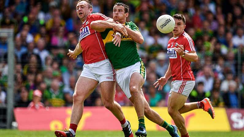 2 July 2017; Shane Enright of Kerry in action against Paul Kerrigan of Cork during the Munster GAA Football Senior Championship Final match between Kerry and Cork at Fitzgerald Stadium in Killarney, Co Kerry. Photo by Brendan Moran/Sportsfile