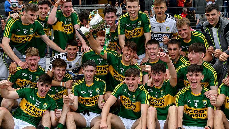 2 July 2017; The Kerry team celebrate with the cup after the Electric Ireland Munster GAA Football Minor Championship Final match between Kerry and Clare at Fitzgerald Stadium in Killarney, Co Kerry. Photo by Brendan Moran/Sportsfile