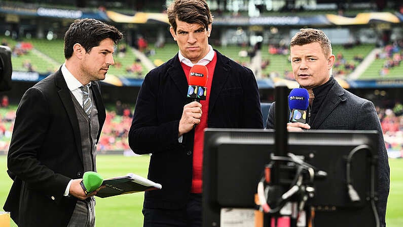 22 April 2017; Former Ireland players Donncha O'Callaghan, centre, and Brian O'Driscoll in their roles as TV analysts with Craig Doyle of BT Sport, prior to the European Rugby Champions Cup Semi-Final match between Munster and Saracens at the Aviva Stadium in Dublin. Photo by Brendan Moran/Sportsfile