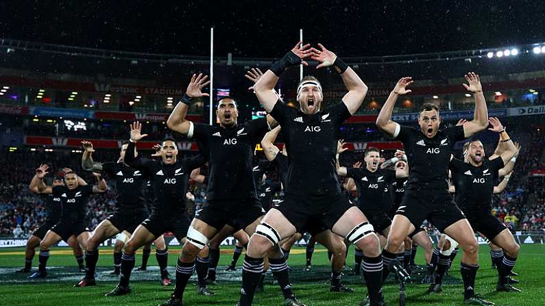 1 July 2017; The All Blacks perform the Haka, lead by captain Kieran Read, prior to kickoff during during the Second Test match between New Zealand All Blacks and the British & Irish Lions at Westpac Stadium in Wellington, New Zealand. Photo by Hannah Peters/ Pool via Sportsfile