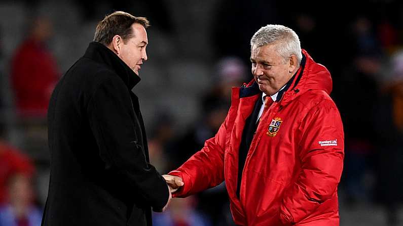 24 June 2017; British & Irish Lions head coach Warren Gatland, right, shakes hands with New Zealand head coach Steve Hansen prior to the First Test match between New Zealand All Blacks and the British & Irish Lions at Eden Park in Auckland, New Zealand. Photo by Stephen McCarthy/Sportsfile