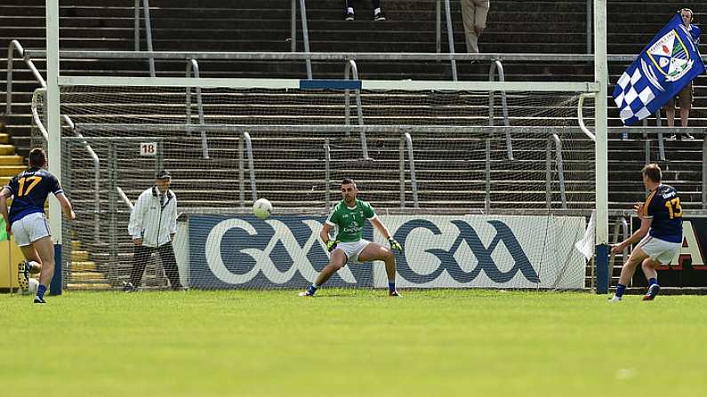 8 July 2017; Conor Sweeney of Tipperary beats Cavan goalkeeper Raymond Galligan from a penalty to score his side's first goal during the GAA Football All-Ireland Senior Championship Round 2B match between Cavan and Tipperary at Kingspan Breffni Park in Cavan. Photo by David Maher/Sportsfile