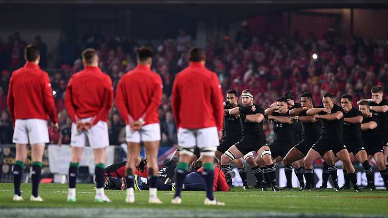 8 July 2017; The New Zealand team preform The Haka during the Third Test match between New Zealand All Blacks and the British & Irish Lions at Eden Park in Auckland, New Zealand. Photo by Stephen McCarthy/Sportsfile