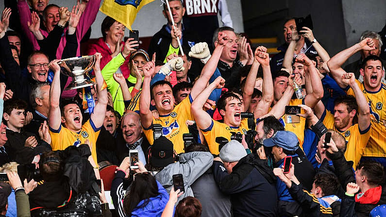 9 July 2017; Roscommon captain Ciaran Murtagh lifts the cup following their victory in the Connacht GAA Football Senior Championship Final match between Galway and Roscommon at Pearse Stadium in Galway. Photo by Ramsey Cardy/Sportsfile