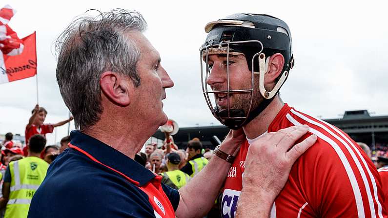 9 July 2017; Cork manager Kieran Kingston with Mark Ellis after the Munster GAA Hurling Senior Championship Final match between Clare and Cork at Semple Stadium in Thurles, Co Tipperary. Photo by Piaras O Midheach/Sportsfile