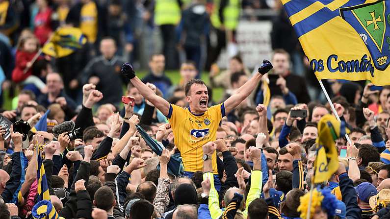 9 July 2017; Enda Smith of Roscommon celebrates with supporters at the end of the Connacht GAA Football Senior Championship Final match between Galway and Roscommon at Pearse Stadium in Salthill, Galway. Photo by David Maher/Sportsfile