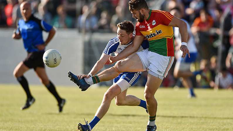 15 July 2017; Daniel St Ledger of Carlow in action against Conor McManus of Monaghan during the GAA Football All-Ireland Senior Championship Round 3B match between Carlow and Monaghan at Netwatch Cullen Park in Carlow. Photo by David Maher/Sportsfile