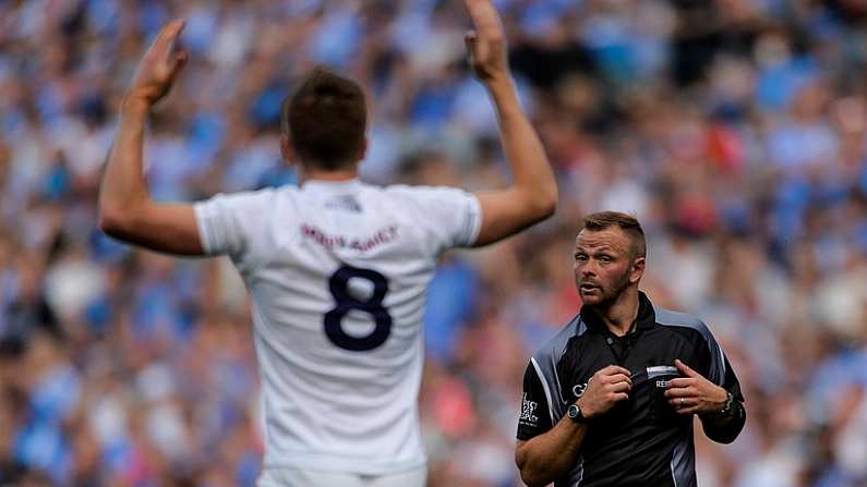 16 July 2017; Kevin Feely of Kildare remonstrates with referee Anthony Nolan during the Leinster GAA Football Senior Championship Final match between Dublin and Kildare at Croke Park in Dublin. Photo by Piaras O Midheach/Sportsfile