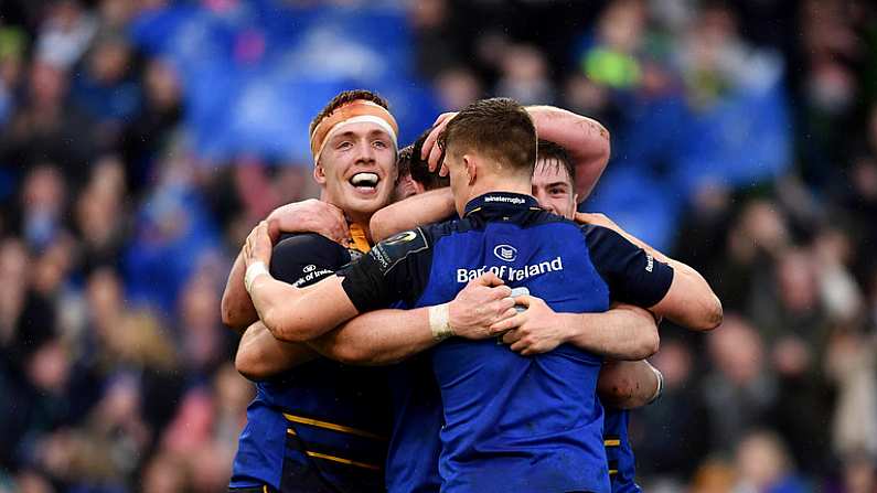 1 April 2017; Robbie Henshaw of Leinster is congratulated by teammates, including Dan Leavy, left, during the European Rugby Champions Cup Quarter-Final match between Leinster and Wasps at Aviva Stadium in Dublin. Photo by Ramsey Cardy/Sportsfile