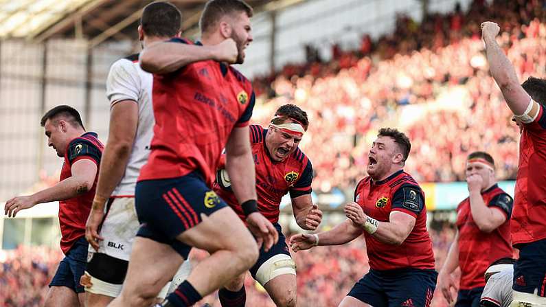 1 April 2017; CJ Stander of Munster celebrates after scoring his side's second try during the European Rugby Champions Cup Quarter-Final match between Munster and Toulouse at Thomond Park in Limerick. Photo by Diarmuid Greene/Sportsfile