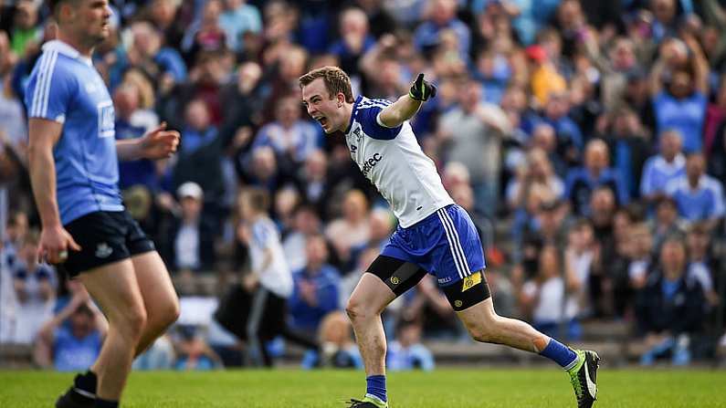 2 April 2017; Jack McCarron of Monaghan celebrates after scoring his side's first goal during the Allianz Football League Division 1 Round 7 match between Monaghan and Dublin at St. Tiernach's Park in Clones, Co Monaghan. Photo by Philip Fitzpatrick/Sportsfile