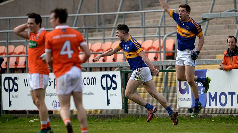 2 April 2017; Michael Quinlivan of Tipperar, centre, celebrates after scoring his sides third goal in injury time during the Allianz Football League Division 3 Round 7 match between Armagh and Tipperary at the Athletic Grounds in Armagh. Photo by Oliver McVeigh/Sportsfile