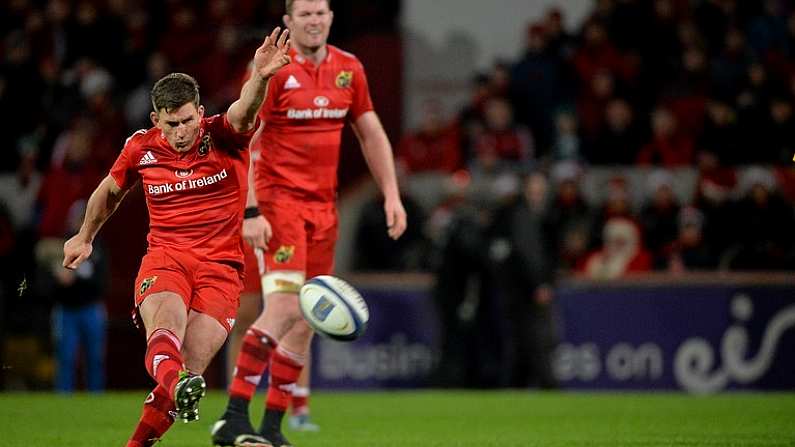 12 December 2015; Ian Keatley, Munster, kicks a penalty to score Munster's first points of the game. European Rugby Champions Cup, Pool 4, Round 3, Munster v Leicester Tigers. Thomond Park, Limerick. Picture credit: Matt Browne / SPORTSFILE