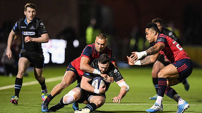 14 January 2017; Alex Dunbar of Glasgow Warriors is tackled by Simon Zebo of Munster during the European Rugby Champions Cup pool 1 round 5 match between Glasgow Warriors and Munster at Scotstoun Stadium in Glasgow, Scotland. Photo by Stephen McCarthy/Sportsfile