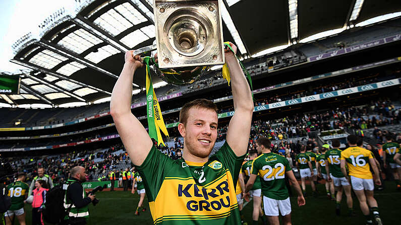 9 April 2017; Kerry captain Fionn Fitzgerald with the cup following the Allianz Football League Division 1 Final match between Dublin and Kerry at Croke Park in Dublin. Photo by Stephen McCarthy/Sportsfile