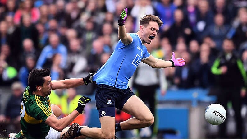 9 April 2017; Michael Fitzsimons of Dublin is tackled by Anthony Maher of Kerry resulting in a late Dublin free during the Allianz Football League Division 1 Final match between Dublin and Kerry at Croke Park in Dublin. Photo by Stephen McCarthy/Sportsfile