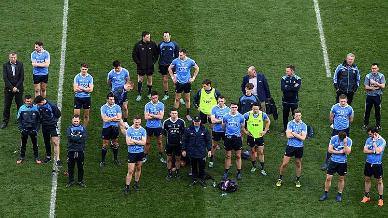 9 April 2017; Dublin manager Jim Gavin, his squad and officials look on as the trophy is presented after the Allianz Football League Division 1 Final match between Dublin and Kerry at Croke Park, in Dublin. Photo by Ray McManus/Sportsfile