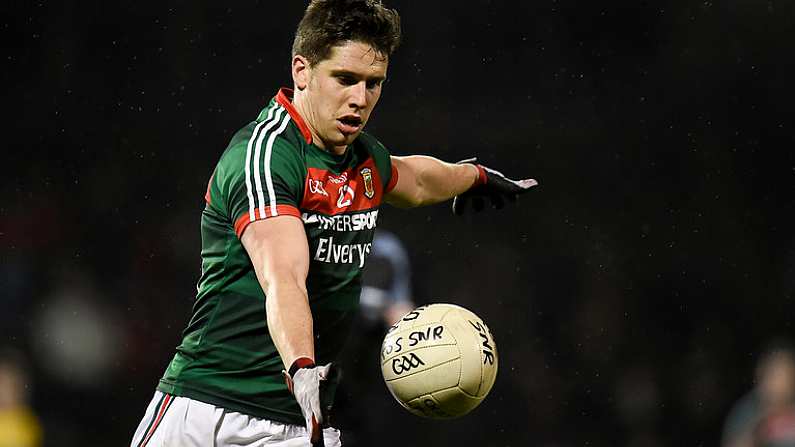 25 February 2017; Lee Keegan of Mayo kicks a point during the Allianz Football League Division 1 Round 3 match between Mayo and Roscommon at Elverys MacHale Park in Castlebar, Co Mayo. Photo by Seb Daly/Sportsfile