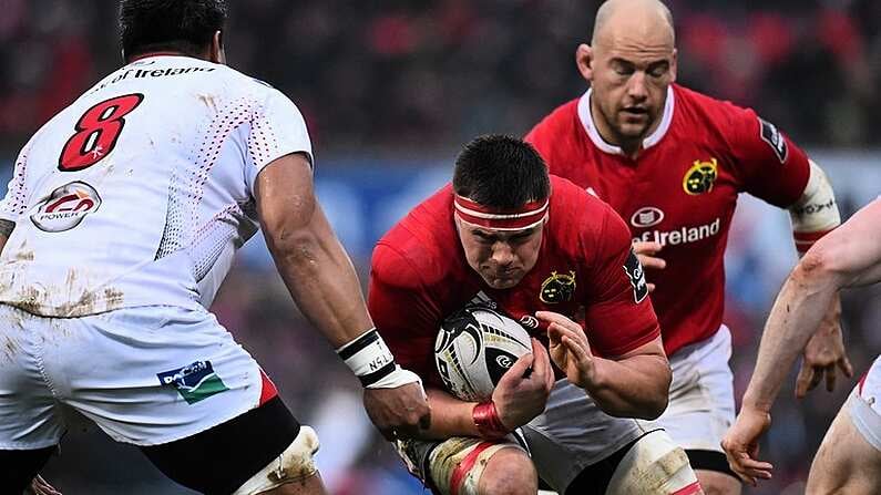 2 January 2016; CJ Stander, Munster, in action against Nick Williams, Ulster. Guinness PRO12, Round 11, Ulster v Munster. Kingspan Stadium, Ravenhill Park, Belfast. Picture credit: Ramsey Cardy / SPORTSFILE