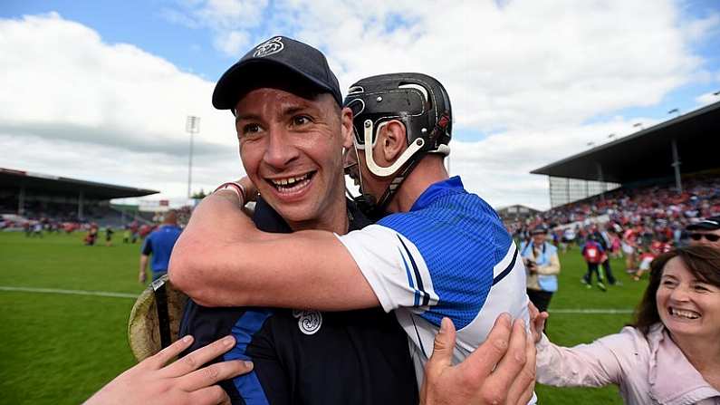 7 June 2015; Waterford selector Dan Shanahan celebrates with his brother Maurice following their victory. Munster GAA Hurling Senior Championship Semi-Final, Waterford v Cork. Semple Stadium, Thurles, Co. Tipperary. Picture credit: Stephen McCarthy / SPORTSFILE