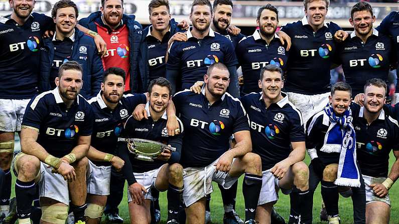 4 February 2017; The Scotland team celebrate with the Centenary Quaich after the RBS Six Nations Rugby Championship match between Scotland and Ireland at BT Murrayfield Stadium in Edinburgh, Scotland. Photo by Brendan Moran/Sportsfile