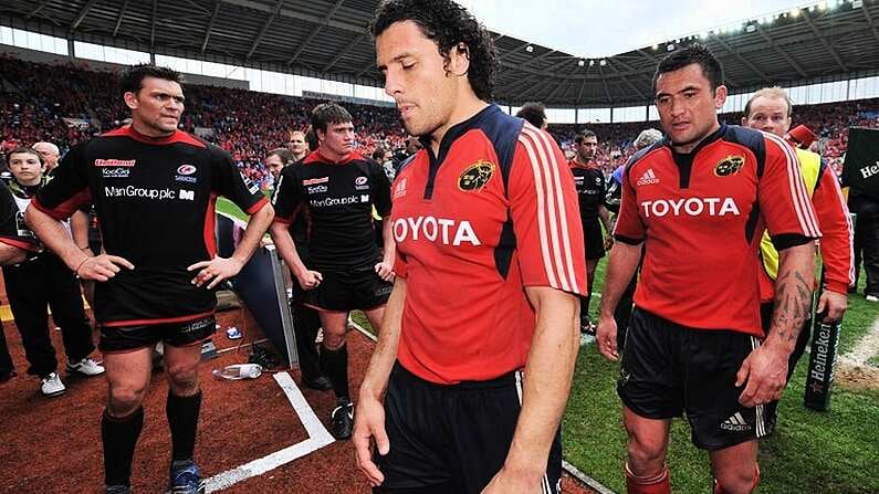 27 April 2008; Munster players Doug Howlett and Rua Tipoki leave the pitch after victory over Saracens. Heineken Cup Semi-Final, Saracens v Munster, Ricoh Arena, Coventry, England. Picture credit: Brendan Moran / SPORTSFILE *** Local Caption ***