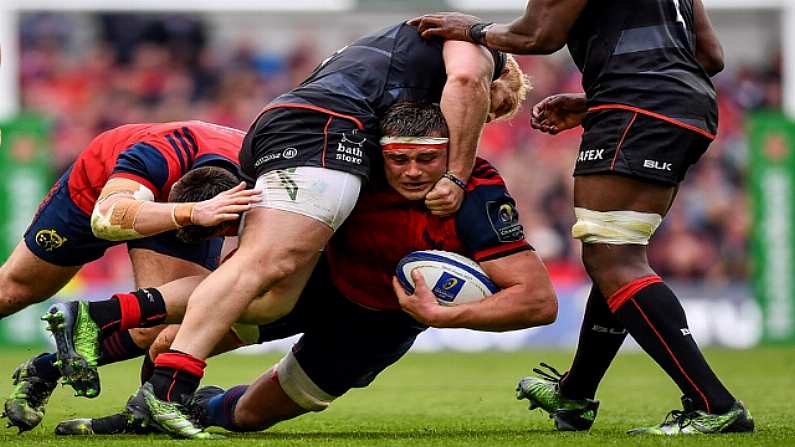 22 April 2017; CJ Stander of Munster is tackled by Vincent Koch of Saracens during the European Rugby Champions Cup Semi-Final match between Munster and Saracens at the Aviva Stadium in Dublin. Photo by Ramsey Cardy/Sportsfile