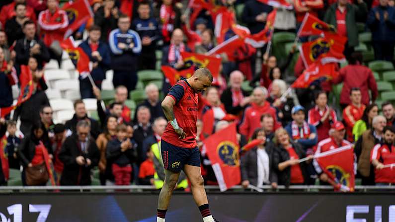 22 April 2017; Simon Zebo of Munster dejected after the European Rugby Champions Cup Semi-Final match between Munster and Saracens at the Aviva Stadium in Dublin. Photo by Brendan Moran / Sportsfile