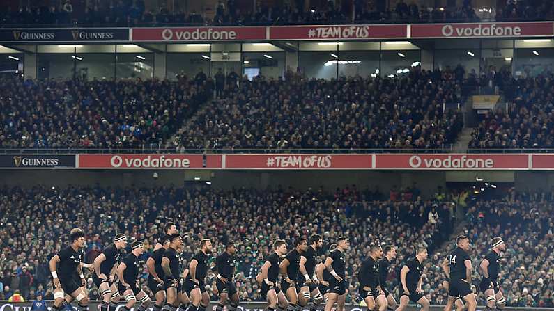 19 November 2016; The New Zealand team perform The 'Haka' ahead the Autumn International match between Ireland and New Zealand at the Aviva Stadium in Dublin. Photo by Brendan Moran/Sportsfile