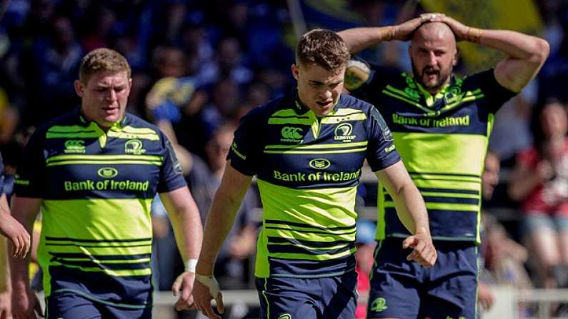 23 April 2017; Leinster players look dejected after a ASM Clermont Auvergne try during the European Rugby Champions Cup Semi-Final match between ASM Clermont Auvergne and Leinster at Matmut Stadium de Gerland in Lyon, France. Photo by Roberto Bregani /Sportsfile