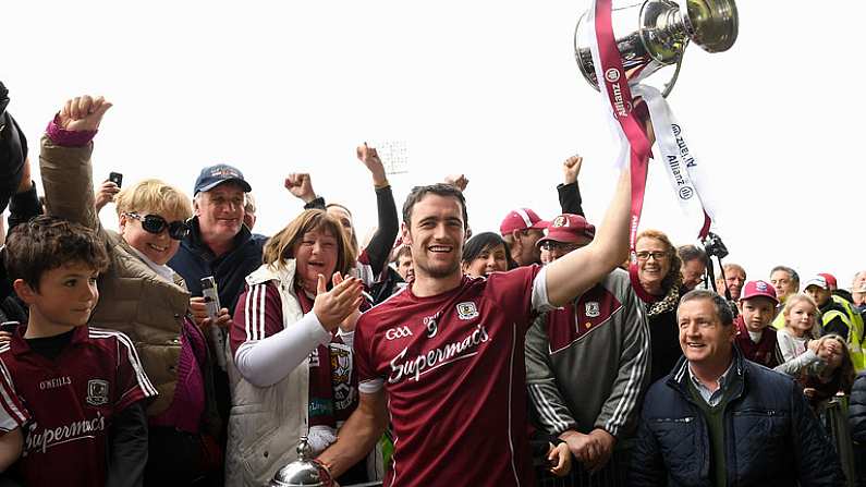 23 April 2017; David Burke of Galway lifts the cup with Galway supporters after the Allianz Hurling League Division 1 Final match between Galway and Tipperary at Gaelic Grounds, in Limerick. Photo by Ray McManus/Sportsfile