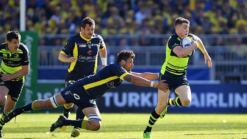 23 April 2017; Garry Ringrose of Leinster beats the tackle by Damien Chouly of ASM Clermont Auvergne on his way to scoring his side's first try during the European Rugby Champions Cup Semi-Final match between ASM Clermont Auvergne and Leinster at Matmut Stadium de Gerland in Lyon, France. Photo by Ramsey Cardy/Sportsfile