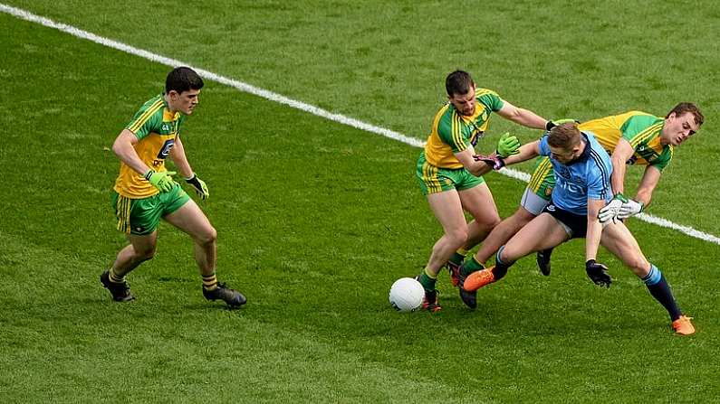 10 April 2016; Paul Mannion, Dublin, in action against Donegal players, left to right, Stephen McBrearty, Paddy McGrath, and Eamon McGee. Allianz Football League, Division 1, Semi-Final, Dublin v Donegal, Croke Park, Dublin. Picture credit: Daire Brennan / SPORTSFILE