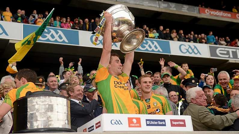 23 September 2012; Eamon McGee, Donegal, lifts the Sam Maguire Cup. GAA Football All-Ireland Senior Championship Final, Donegal v Mayo, Croke Park, Dublin. Picture credit: Ray McManus / SPORTSFILE