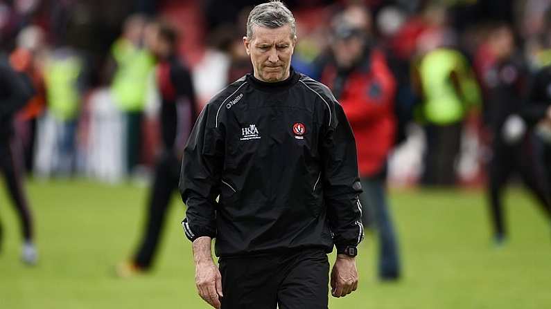 22 May 2016; Derry manager Damian Barton leaves the field at the end of the game after the Ulster GAA Football Senior Championship, Quarter-Final between Derry and Tyrone at Celtic Park, Derry. Photo by Oliver McVeigh/Sportsfile