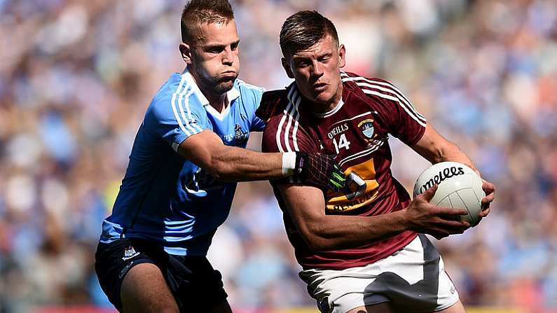 17 July 2016; John Heslin of Westmeath in action against Jonny Cooper of Dublin during the Leinster GAA Football Senior Championship Final match between Dublin and Westmeath at Croke Park in Dubin. Photo by David Maher/Sportsfile