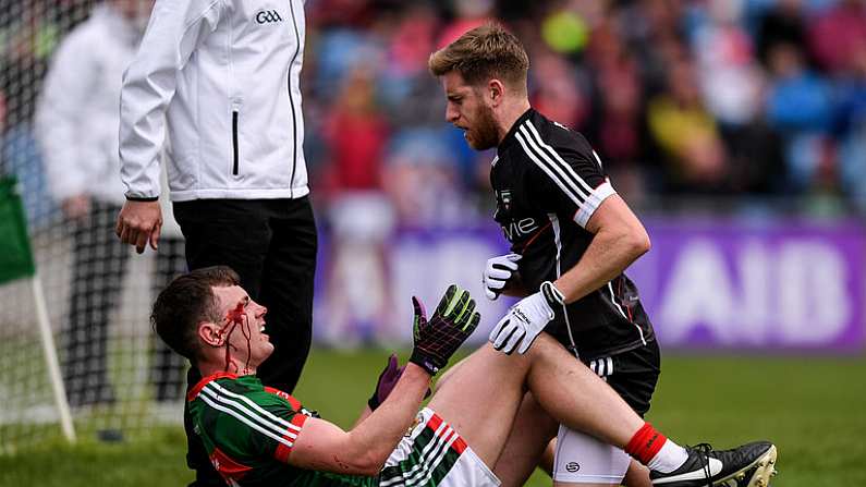 21 May 2017; Keelan Cawley of Sligo in action against Diarmuid O'Connor of Mayo during the Connacht GAA Football Senior Championship Quarter-Final match between Mayo and Sligo at Elvery's MacHale Park in Castlebar, Co Mayo. Photo by Stephen McCarthy/Sportsfile